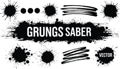 Various black paint graphic set, spray, brushstroke, drips, splashes, graffiti, lines, in dirty style. High quality, hand drawn, grunge graphic box. Ink splash stencil, brush stroke. Vector collection
