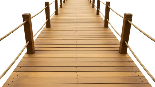 Wooden boardwalk with rope railing isolated PNG, perspective view of a pier on transparent background for architectural design