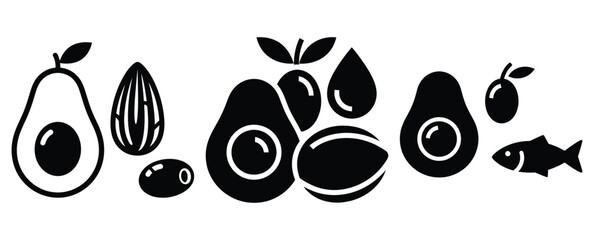Fototapeta premium Black silhouette healthy fats food modern vector icon set on transparent background