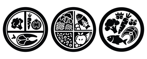 Naklejka premium Black silhouette healthy food plate modern vector icon set on transparent background