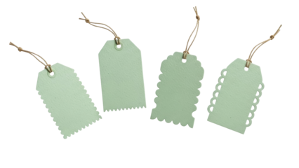 Four light green paper tags with brown string isolated PNG, gift tags for scrapbooking and crafting projects on transparent background