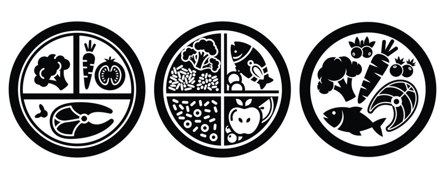 Black silhouette healthy food plate modern vector icon set on transparent background