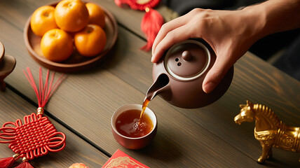 Pouring tea from a ceramic teapot into a cup, with tangerines, ornaments, and a golden horse figurine for chinese new year