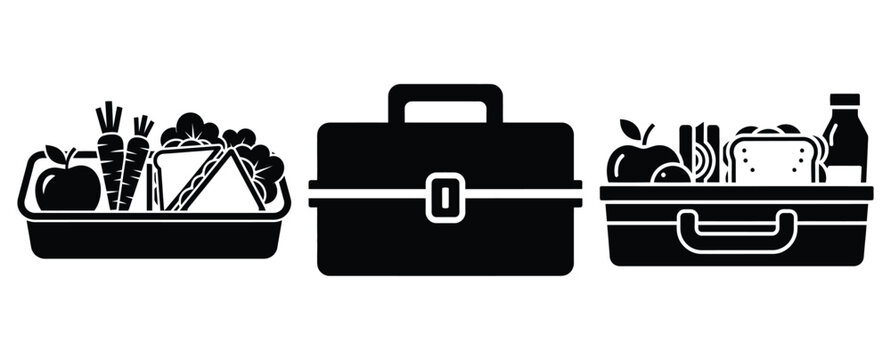 Black silhouette healthy lunch box modern vector icon set on transparent background