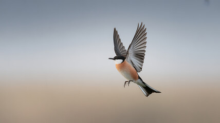 Obraz premium Elegant, ultra clean bird hovering in mid air with open wings against a soft gradient backdrop, showcasing dynamic movement and natural beauty