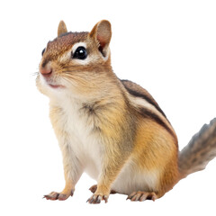 Fototapeta premium Adorable and inquisitive Eastern chipmunk with reddish-brown and black striped fur, delicately perched on its hind legs with tiny paws extended, gazing, isolated on transparent background.