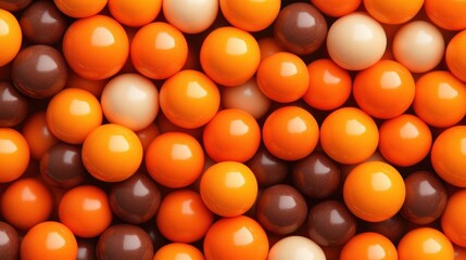 Colorful arrangement of glossy spheres in shades of orange, brown, and cream, perfect for vibrant backgrounds, decorative themes, or showcasing playful and energetic designs,