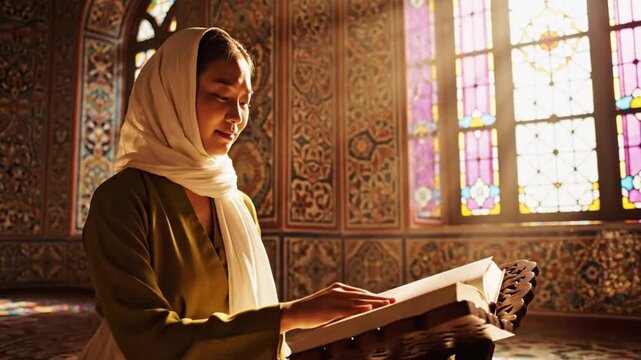Young woman in hijab reading the Quran on a wooden stand inside a mosque with stained glass windows, bathed in warm sunlight, Ramadan Islamic Religious Background