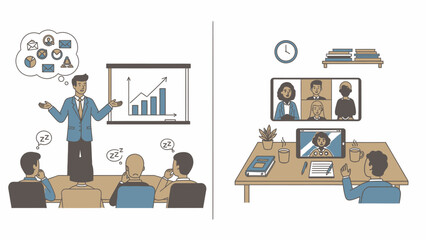 Remote Work Transition Virtual Meeting vs Traditional Lecture Illustration