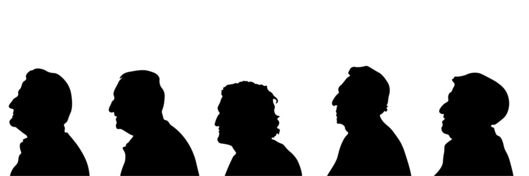 Set of black human head silhouettes in side view representing elderly people and senior men. Anonymous grandfathers profile shapes in minimalist style. Perfect for concepts of aging, retirement,family