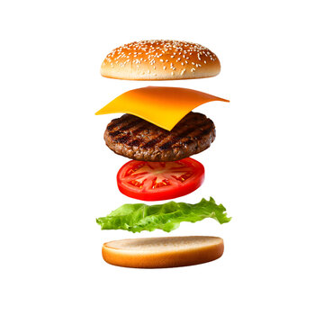 Deconstructed Burger Delight: A mouthwatering, exploded view of a classic hamburger showcases the individual components, highlighting the fresh, quality ingredients in a visually appealing display.