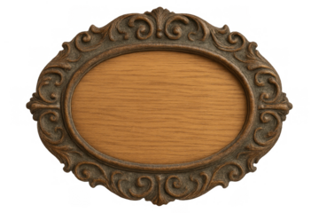 Ornate oval wood frame with carved scrollwork, vintage empty plate, antique decorative baroque border, transparent background