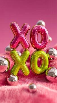Inflatable 3D "XOXO" balloon letters with chrome spheres on pink green gradient.