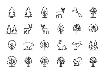 Fototapeta premium Collection of forest animals and trees illustration featuring deer, bear, rabbit, squirrel, and various tree silhouettes