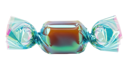 Shiny iridescent candy isolated PNG, wrapped sweet with colorful cellophane on transparent background, confectionery treat for party favors and decorations