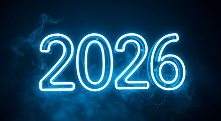 Neon glow of the year 2026 illuminated with futuristic smoke effects, perfect for event announcements or New Year's celebrations