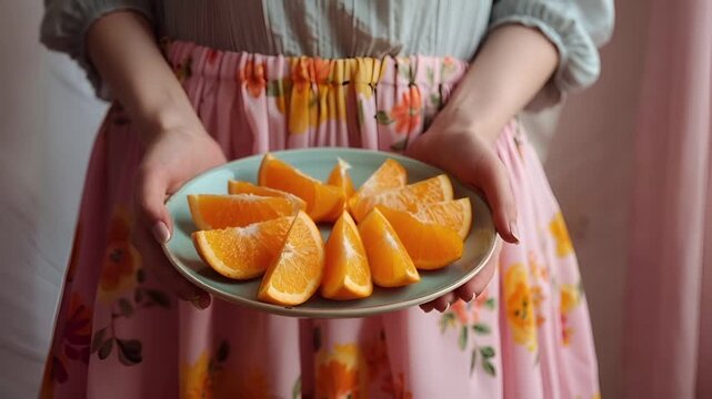A woman in a floral skirt holds a plate with halved oranges. The oranges are a vibrant orange color, with a glossy sheen, and are arranged in a circular pattern on the plate.