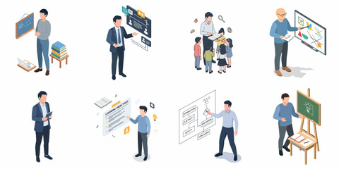 Obraz premium Isometric Illustration Set of Teacher Explaining Lessons to Students Collection