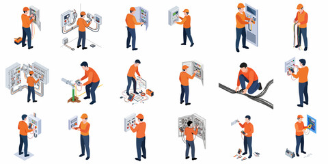 Isometric Detailed Electrical Panel Maintenance And Installation Activities Illustration Set