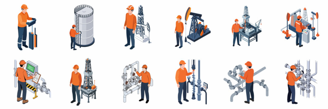 Isometric Professional Oil Industry Worker Occupation and Industrial Equipment Illustrations Set