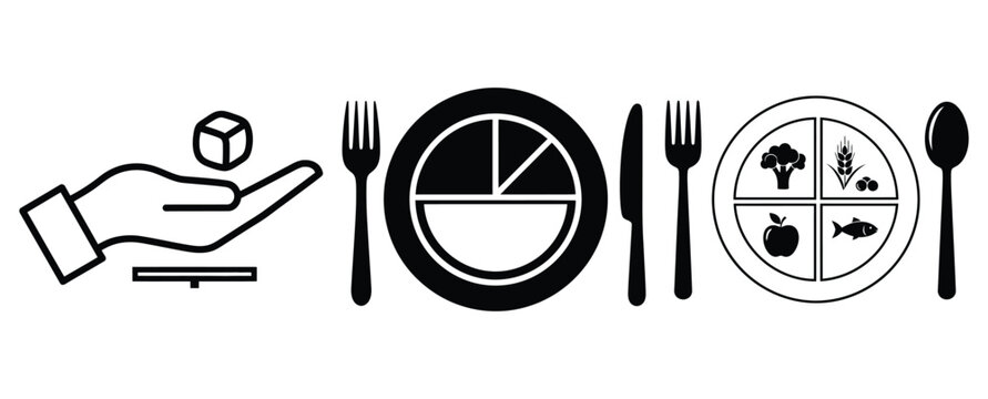 Black silhouette portion size guide modern vector icon set on transparent background