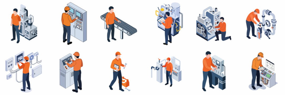 Isometric Detailed Factory Worker Characters Operating Machinery And Manufacturing Equipment Icons