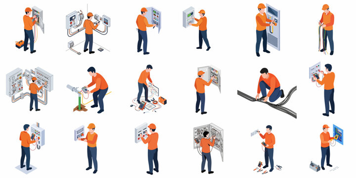 Isometric Detailed Electrical Panel Maintenance And Installation Activities Illustration Set