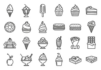 Assorted Desserts and Sweets Line Art Illustrations on White Background