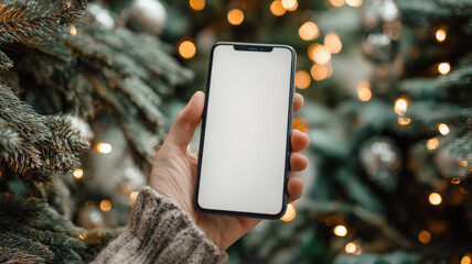 mano de mujer con jersey de lana gris sosteniendo tel&eacute;fono movil con pantalla en blanco para publicidad sobre fondo de iluminacion navide&ntilde;a desenfocada y arbol de navidad