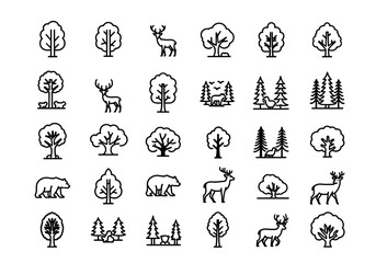 Collection of simple black and white illustrations of trees and wildlife animals in various natural settings