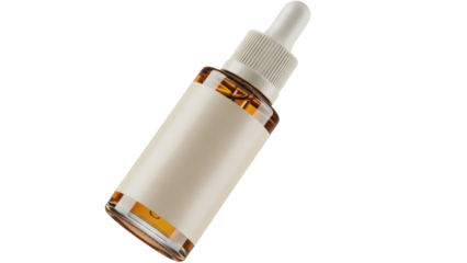 Amber glass dropper bottle with blank label isolated PNG, essential oil container for beauty and aromatherapy products on transparent background