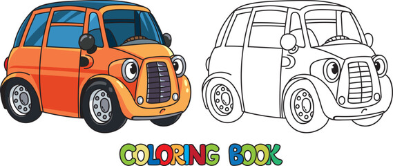 Small retro car with eyes. Funny coloring book