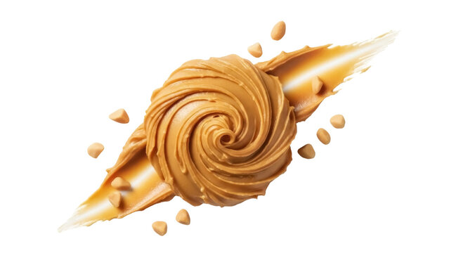 Swirl of peanut butter with peanut butter chips isolated PNG, creamy spread on transparent background for food design and dessert concepts