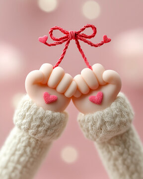3D clay hands doing pinky promise with red string of fate.