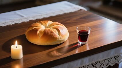 Freshly Baked Bread and Red Wine on a Wooden Table with a Flickering Candle