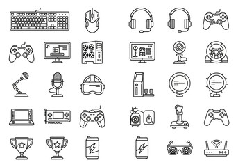 Collection of various gaming icons, including peripherals and accessories, displayed on a clean white background from a straightforward viewpoint.