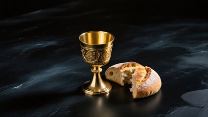 Golden Chalice and Fresh Bread Symbolizing Communion and Tradition in a Dark Setting