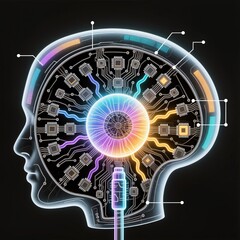 Futuristic representation of a human head filled with glowing circuits and AI brain concepts