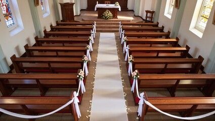 Beautifully Decorated Church Interior with Aisle and Floral Arrangements