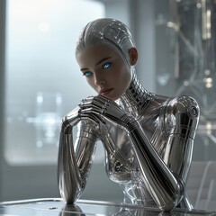 Futuristic humanoid robot with sleek metallic design and striking blue eyes