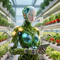 Futuristic robot tending to a lush vertical garden, showcasing eco-friendly technology
