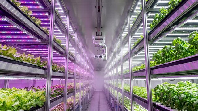 Indoor hydroponic farm with lush greens growing under LED lights