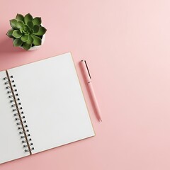 Minimalist Pink Desk Setup with Notebook and Succulent