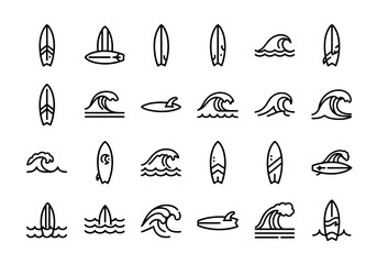 Collection of surfing and wave illustrations on a clean white background
