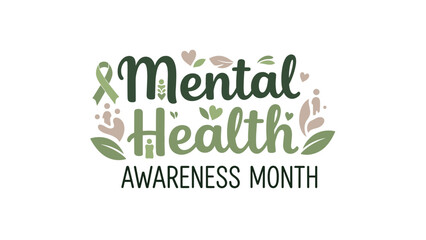 Naklejka premium Mental Health Awareness Month logo with green ribbon and flowers 