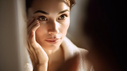 Naklejka premium Woman standing in a bathroom, gently touching her skin and checking her reflection in a mirror, focusing on skincare and self care during a morning routine with natural light