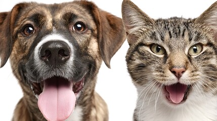 Naklejka premium Friendly dog and tabby kitten side by side on white background, both looking at camera with open mouths and joyful expressions, playful pet companionship portrait