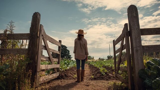 Country Path to Dreams: A lone figure, bathed in sunlight, strolls toward a rustic wooden gate, representing a journey of purpose, opportunity, and the allure of a promising future.