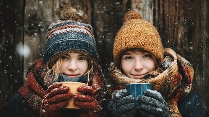 Two smiling friends finding warmth and belonging, dressed in winter hats, scarves, and gloves, holding steaming mugs outdoors during heavy snowfall against a weathered wooden background