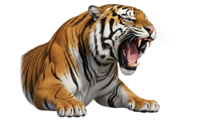 Photorealistic 3D Illustration of a Roaring Bengal Tiger Showing Fangs, isolated PNG with Transparent Background